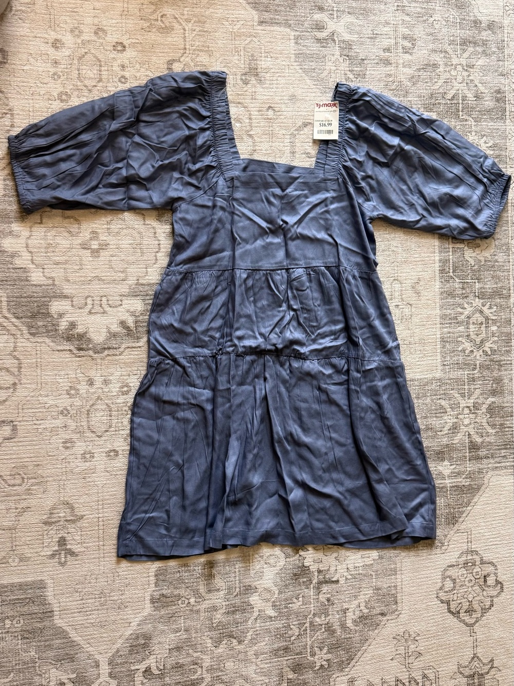 NWT BEYOND WORDS Women's Chambray Square-Neck Tiered Puff-Sleeve Casual Dress
